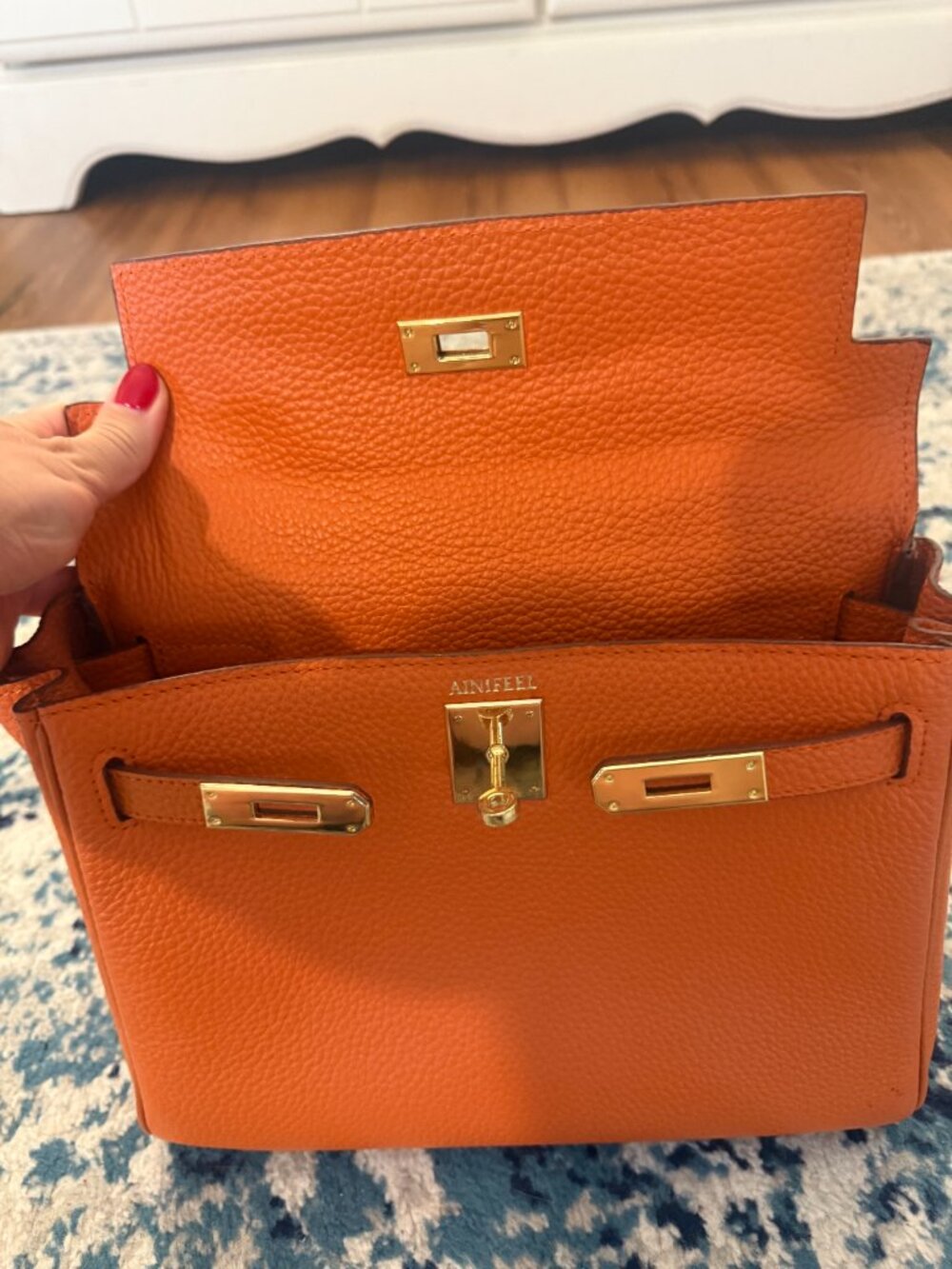 Ainifeel Orange Leather Satchel Box Bag - Picture 2 of 12